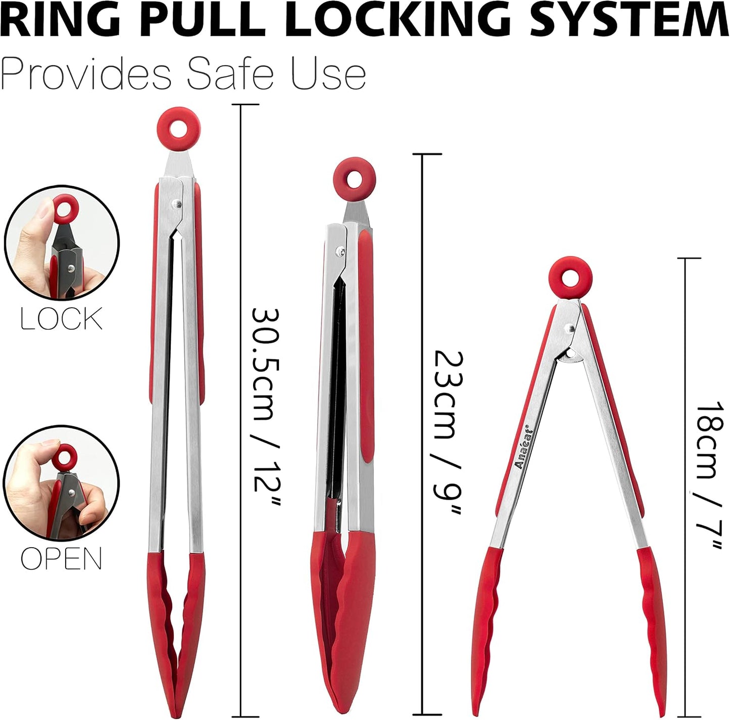 Anaeat Premium Kitchen Locking Tong Set of 3 - Heavy Duty Stainless Steel Food Tongs with Long Handle & Non-Slip Silicone Grip for Cooking, Baking, Grilling - Heat Resistant up to 480°F