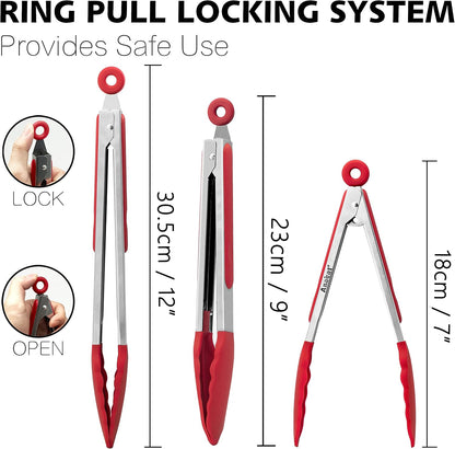 Anaeat Premium Kitchen Locking Tong Set of 3 - Heavy Duty Stainless Steel Food Tongs with Long Handle & Non-Slip Silicone Grip for Cooking, Baking, Grilling - Heat Resistant up to 480°F