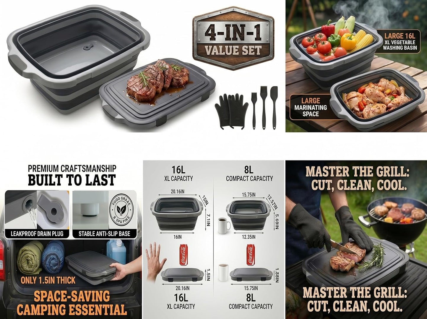 Collapsible BBQ Prep Tub with Lid & Cutting Board 16L - XL Meat Marinating Basin & Grill Carry System - 5pc Set with Heat Resistant Gloves, Basting Brush & Spatula (Black, Large, 16L)