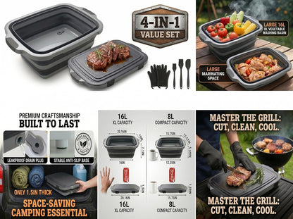 Collapsible BBQ Prep Tub with Lid & Cutting Board 16L - XL Meat Marinating Basin & Grill Carry System - 5pc Set with Heat Resistant Gloves, Basting Brush & Spatula (Black, Large, 16L)