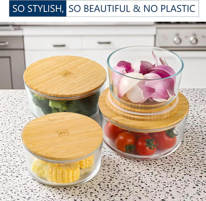 Glass Food Storage Containers with Bamboo Lids (4-Pack, 36oz) Airtight, Leakproof, BPA-Free Borosilicate Glass Meal Prep Containers – Eco-Friendly, Oven/Microwave/Freezer Safe-Plastic-Free & Reusable