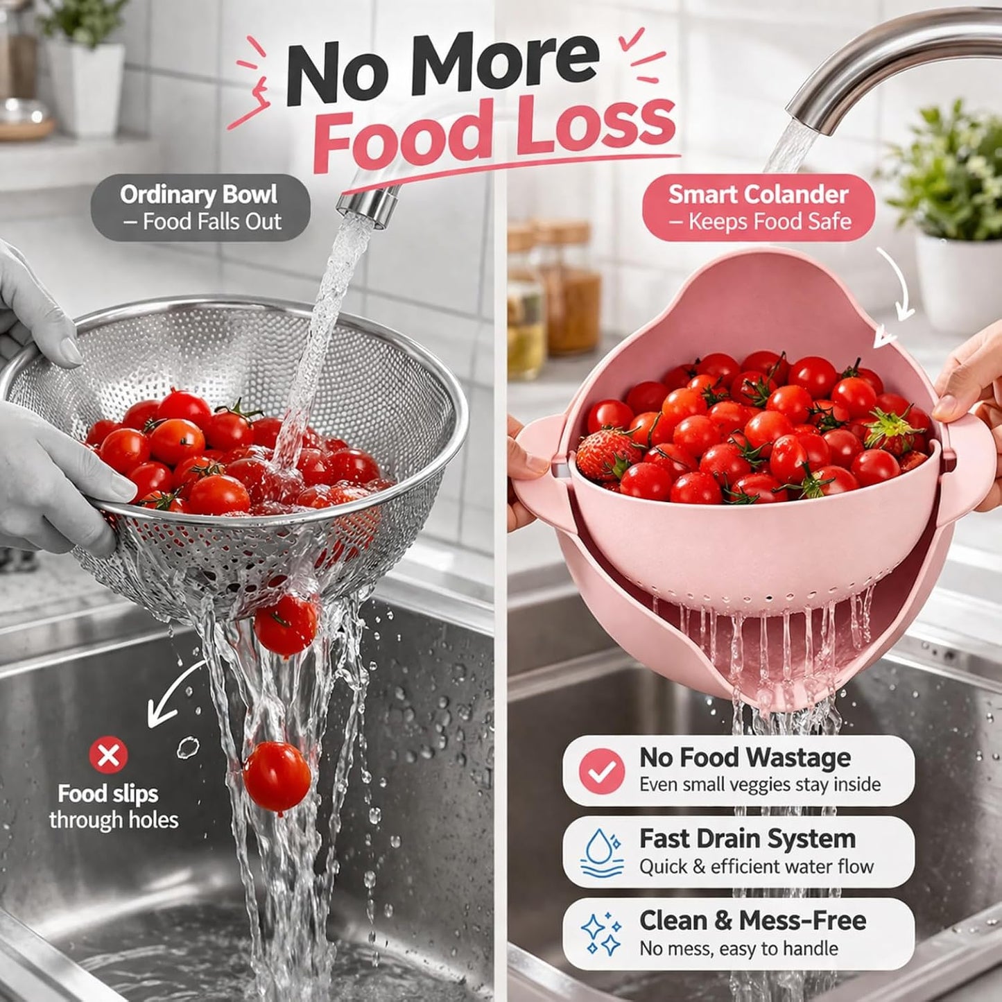 Modern Creative Double Layer Vegetable & Fruit Washing Basket – Durable Plastic Strainer in Pink–Multipurpose Kitchen Colander for Washing, Draining & Serving – Space-Saving Lightweight