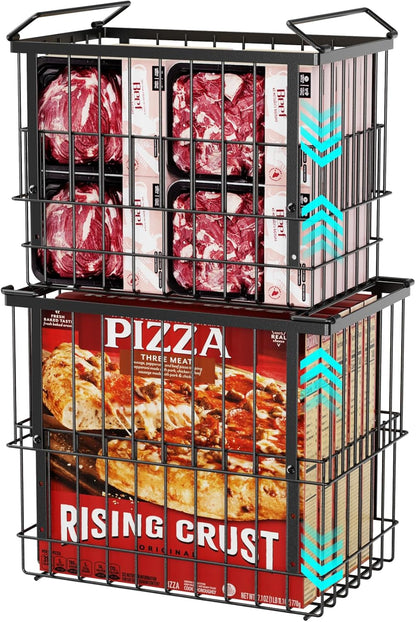 iSPECLE Deep Freezer Organizer Bins - Height-Adjustable Fit 12" Pizza, 2Pcs | Extra Large, Stackable For 5 to 7 Cu. Ft Chest Freezers, Easily Sort and Get Frozen Foods with Handles, No Digging, Black