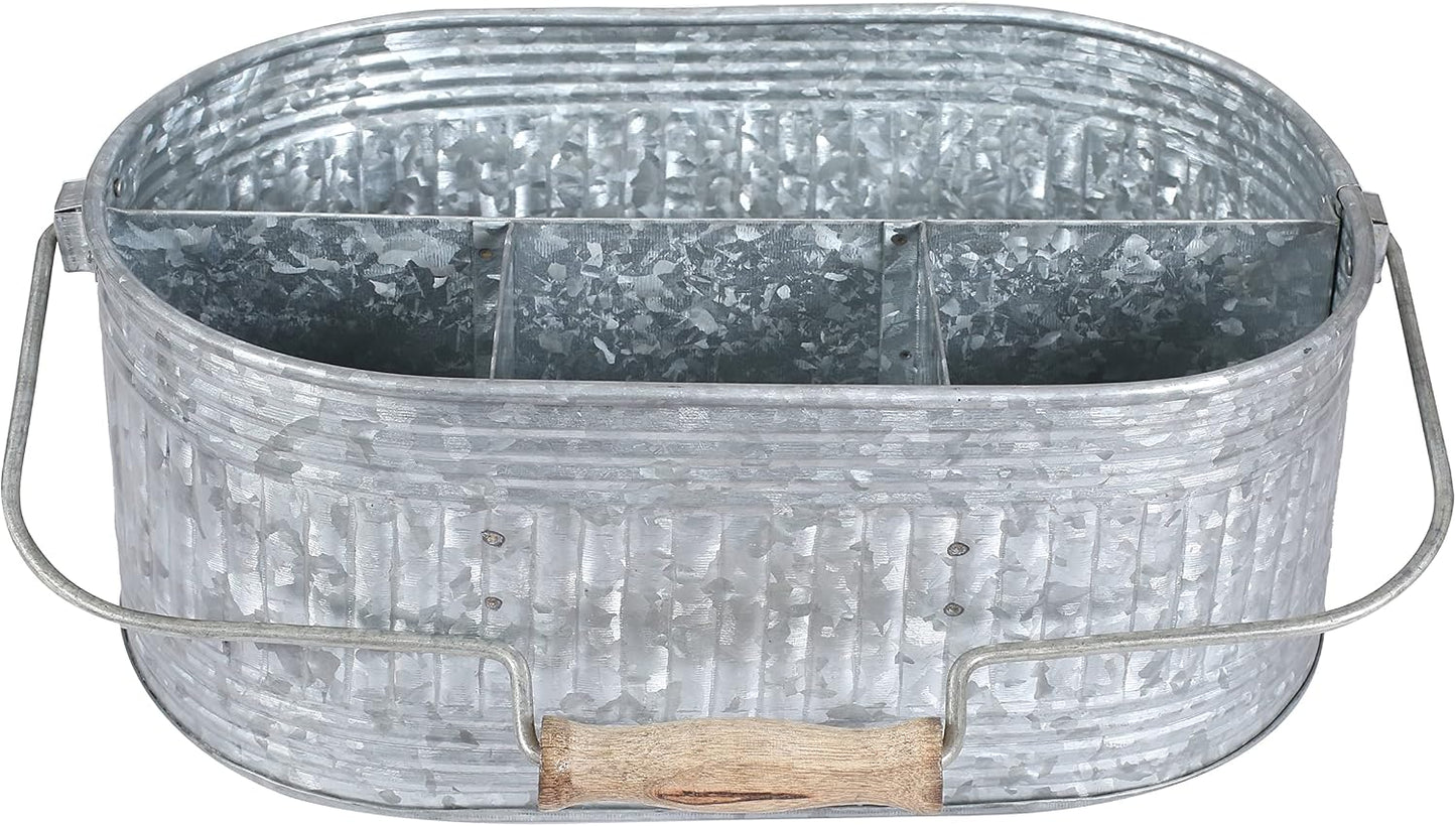 CLEENTABLE Farmhouse Galvanized Metal Utensil Caddy – 4-Compartment Silverware Organizer with Removable Handle for Countertop, Picnic & Party Use (10"x6.5"x5.5", Grey)