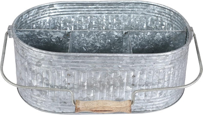 CLEENTABLE Farmhouse Galvanized Metal Utensil Caddy – 4-Compartment Silverware Organizer with Removable Handle for Countertop, Picnic & Party Use (10"x6.5"x5.5", Grey)