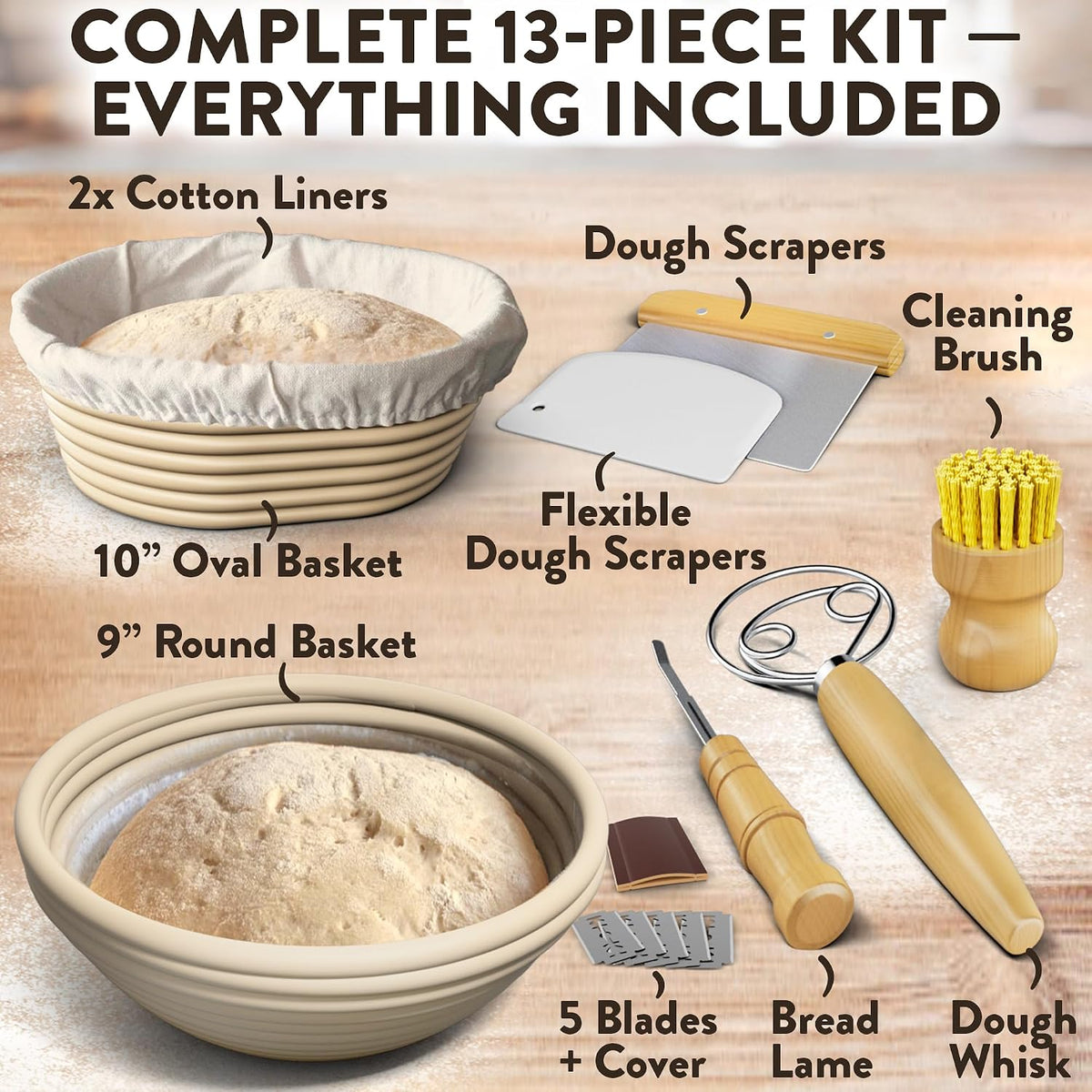 Complete Bread Proofing Baskets Set with 9 in and 10 in Banneton Basket