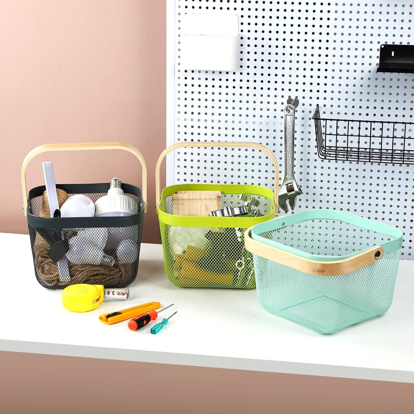 Coloful Metal Mesh Wire Basket with Foldable Wooden Handle,Bin Garden Fruit Vegetable Storage Hanging Harvest Holder for Kitchen Bathroom Picnic (Yellowish Green, Cuboid-15.7 x 9.5 x 7.2“)