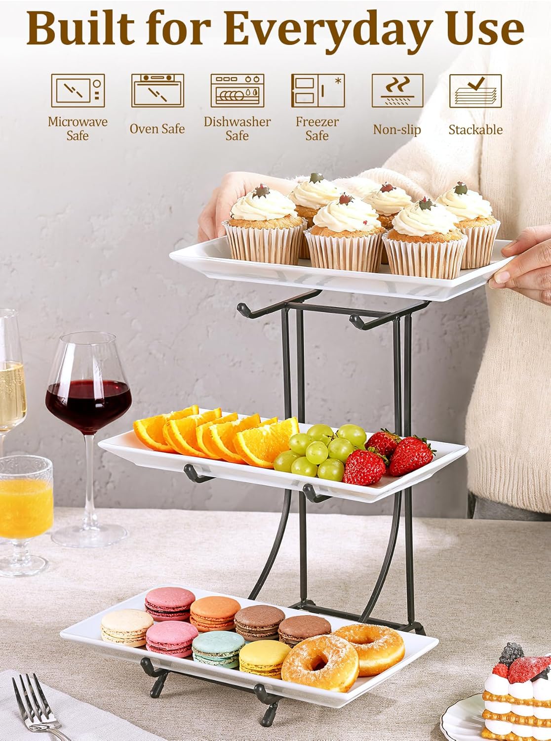 Yedio 3 Tier Serving Tray Set – 12 Inch Porcelain Serving Platters with Pre-Assembled Gold Metal Stand, No Installation Required, Tiered Tray for Dessert Fruit Food Display and Party Entertaining