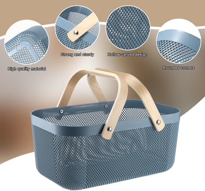 Sadnyy 4 Pcs Plastic Mesh Garden Harvest Basket Storage Basket with Wooden Handle Multi Functional Mesh Bin for Kitchen Cabinet Picnic Fruit Vegetable Gathering Organizer(Large,White)