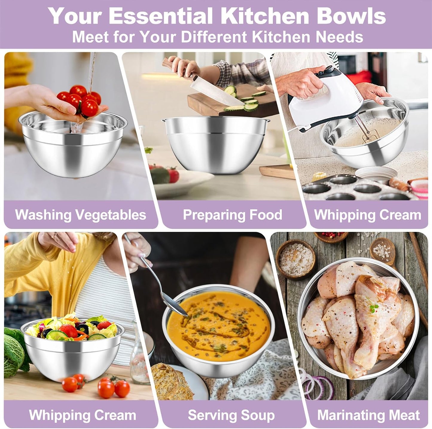 TeamFar Mixing Bowls Set, 4.5/3/1.5/1/0.7 QT Stainless Steel Nesting Salad Bowls with Airtight Lids, For Serving/Mixing/Storing, Non-Toxic & Heavy Duty, Visible & Easy Clean, Black, Set of 5