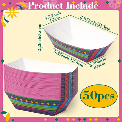 Mexican Taco Nights Food Trays - 50Pcs Taco Boat Assembled Trays Nacho Snack Fried chicken Holder Disposable Paper Plates Carnival Party Supplies Harvest Picnic Food Containers (Large)