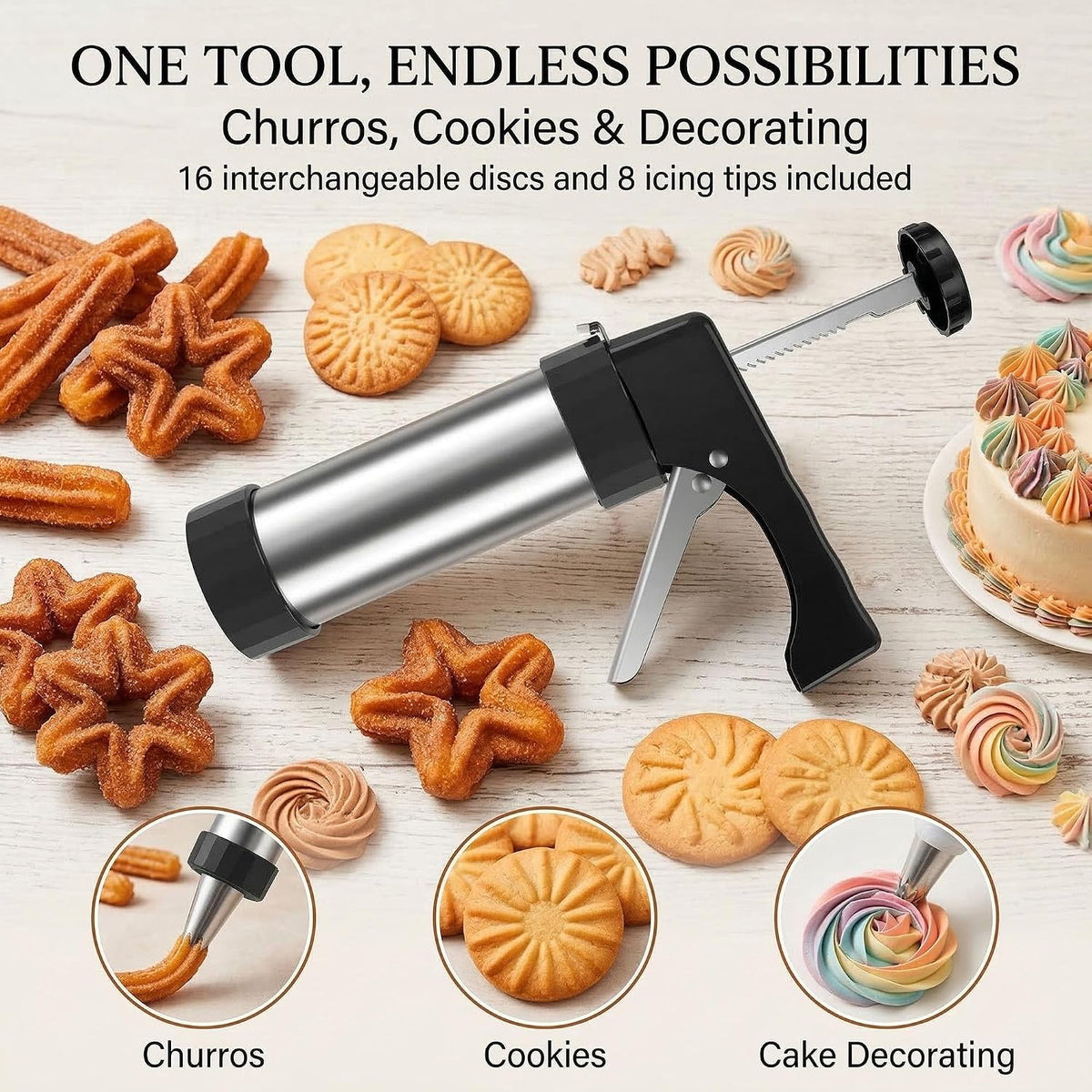 Stainless Steel Churro Maker and Cookie Press, 16 Discs, 8 Tips