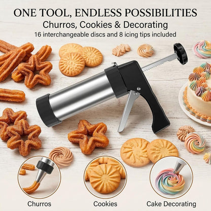 Stainless Steel Churro Maker and Cookie Press, 16 Discs, 8 Tips