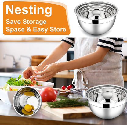 E-far Mixing Bowls With Lids Sets of 5, 10-Piece Stainless Steel Salad Metal Nesting Bowl for Baking Cooking and Prepping, Airtight Lid & Stackable Design, Size 4.6, 3, 2.1, 1.5, 0.7 QT, Black