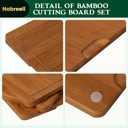 Bamboo Cutting Board Set, Carbonized Wood Chopping Boards with Juice Groove & Non-Slip Feet, Large Wooden Boards for Meat, Cheese Charcuterie, Christmas Gift for Home