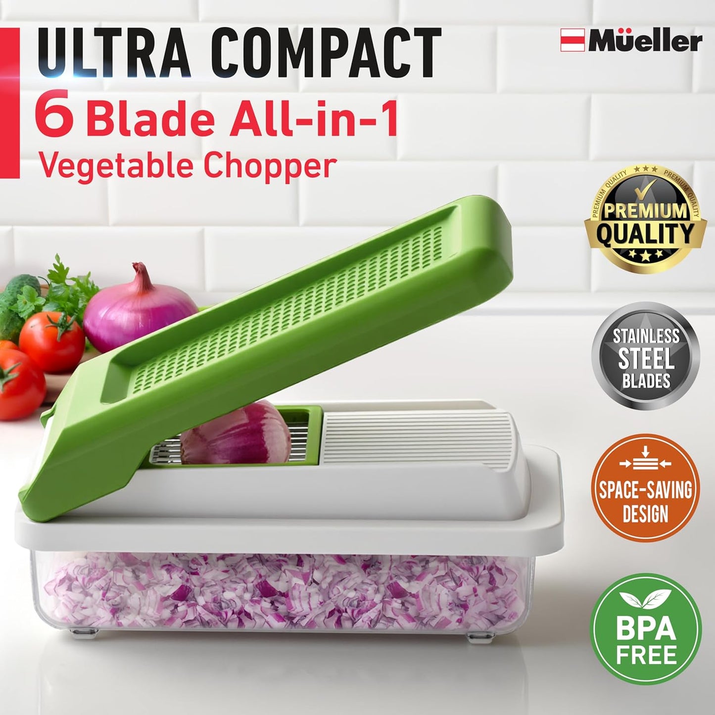 Mueller Vegetable Chopper Mandoline Slicer, Food Veggie Chopper, Cheese Grater, Onion Vegetable Cutter with Container, Dicer, Kitchen Gadgets & Essentials, White Sand/Grey