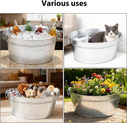 2 PCS 15.3 x 11.7 inch Oval Galvanized Tub with Handles, 3.5 Gallon Metal Ice Bucket, Large Metal Drink Buckets for Wine, Cocktails, Parties, Outdoor Beer Ice Tub