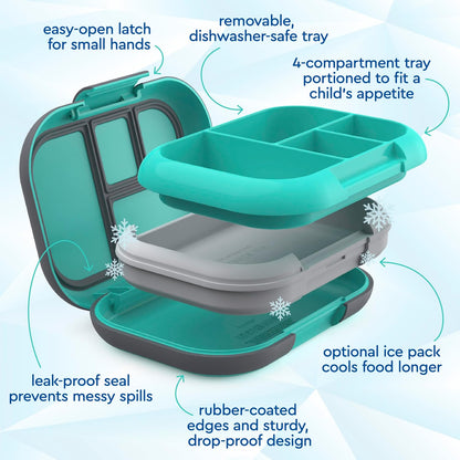 Bentgo Chill Kids Leak-Proof Lunch Box - 4-Compartment Bento Box with Built-In Ice Pack, 3.3 Cup Capacity, PFAS & BPA-Free, Microwave & Dishwasher Safe, Ideal Size for Ages 3 to 7 (Truly Teal)