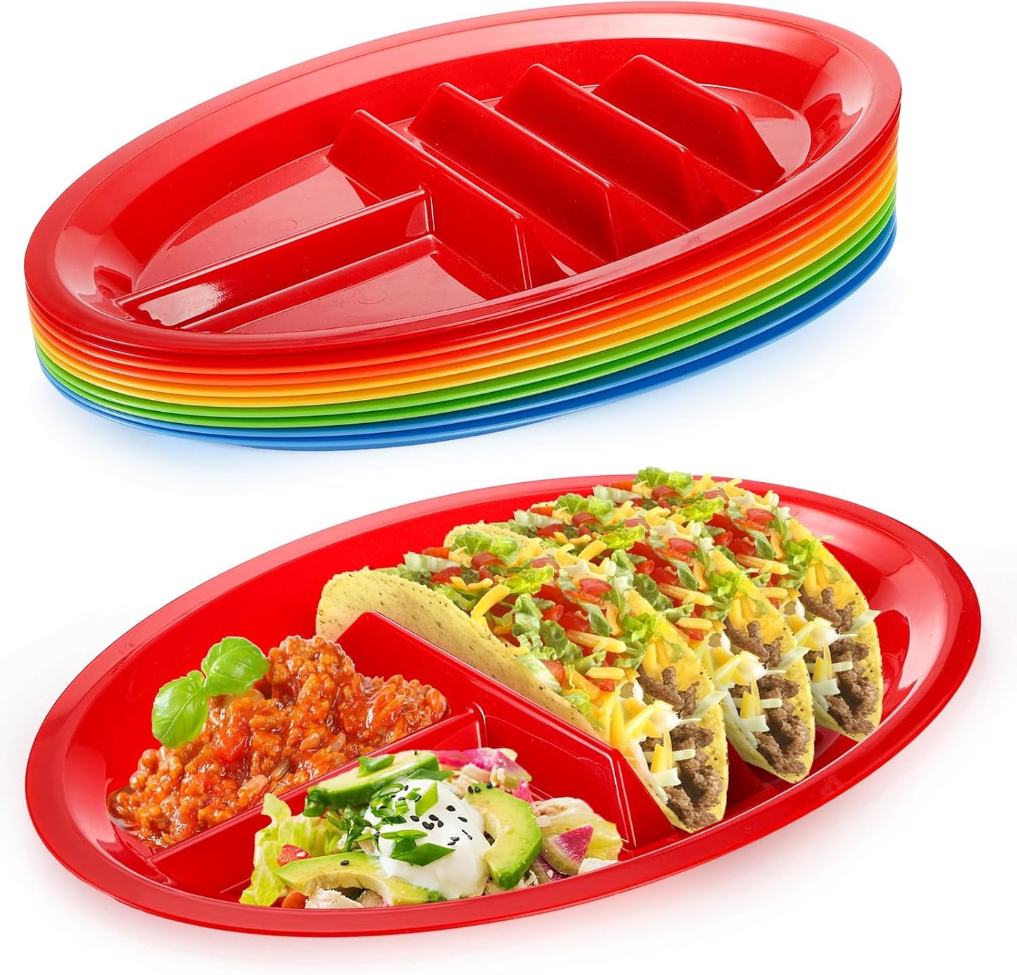 Bekith 10 Pack Plastic Taco Plates for Party, Large Taco Holder with 2 Dipping Areas, Stand Up Divider for 3 Tacos, BPA Free, Dishwasher Safe, Colorful