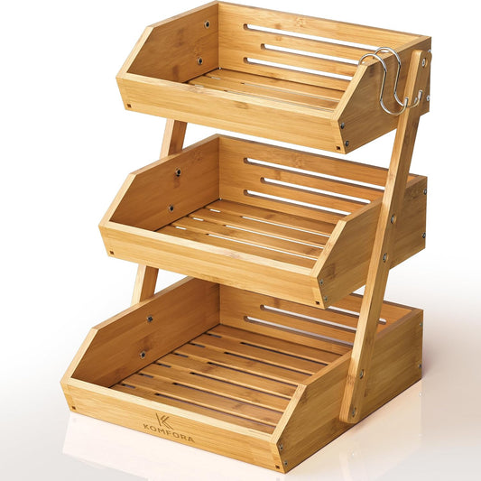 KOMFORA Bamboo Fruit Basket 3-Tier - Premium Produce Basket for Kitchen w/ 2 Hangers - Durable & Easy to Assemble Stand for Countertop - Perfect Holder for Vegetables, Bread, Snacks & More