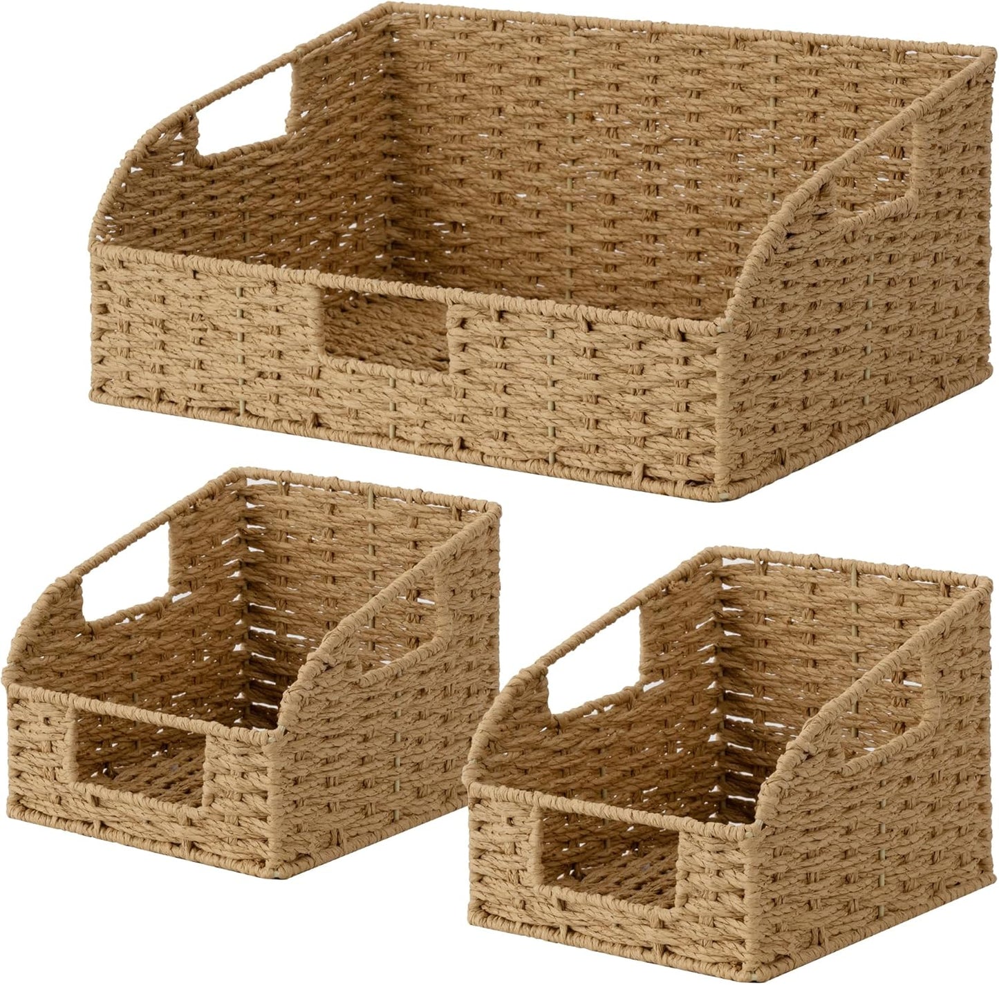 StorageWorks Water Hyacinth Pantry Storage Baskets, Wicker Baskets with Built-in Handles, Handwoven Shelf Baskets for Organizing, Pantry Organizers and Storage, 3 Pack