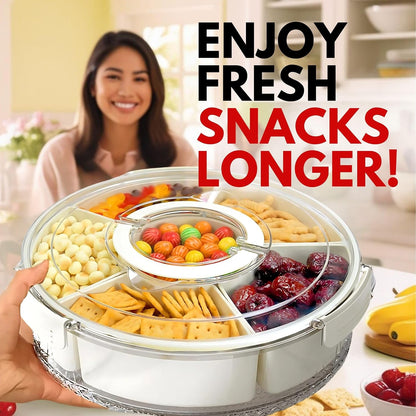12" Divided Rotating Serving Tray with Lid and Handle — Clear Snack Spinner Organizer and Storage 12 Inch Portable Snackle Box for Fruits Snacks Veggie Charcuterie with 6 Compartments