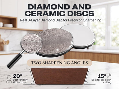 Rolling Knife Sharpener with Diamond & Ceramic Discs, 15°/20°
