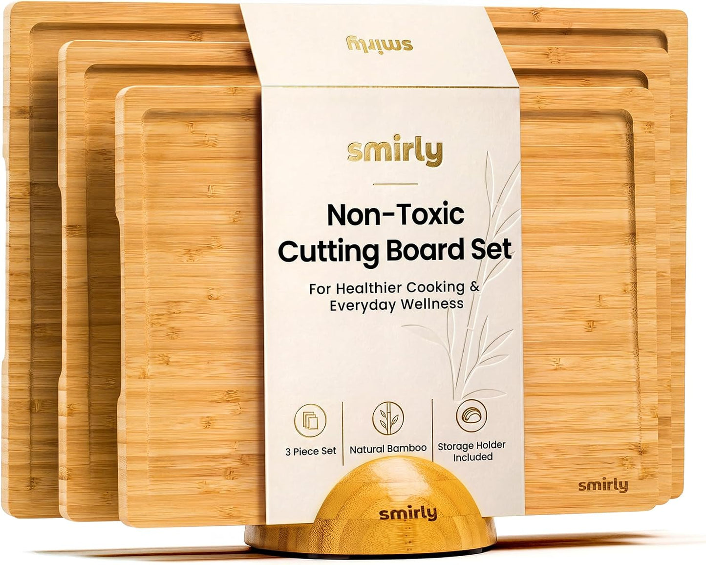 SMIRLY Walnut Cutting Board for Kitchen - Wood Cutting Boards with Handle and Juice Groove for Meal Prep, Serving, Charcuterie - Kitchen Gadgets - Non Toxic Wooden Chopping Board Set of 3 with Holder