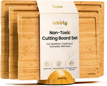SMIRLY Walnut Cutting Board for Kitchen - Wood Cutting Boards with Handle and Juice Groove for Meal Prep, Serving, Charcuterie - Kitchen Gadgets - Non Toxic Wooden Chopping Board Set of 3 with Holder