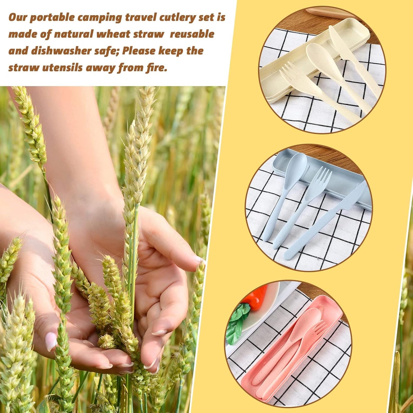 Jinei 50 Sets Reusable Travel Utensils Set with Case Wheat Straw Cutlery Portable Spoon Knife Forks Lunch Box Accessories Friendly Tableware for Kids Adults Camping Utensils(Bright)