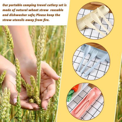 Jinei 50 Sets Reusable Travel Utensils Set with Case Wheat Straw Cutlery Portable Spoon Knife Forks Lunch Box Accessories Friendly Tableware for Kids Adults Camping Utensils(Bright)