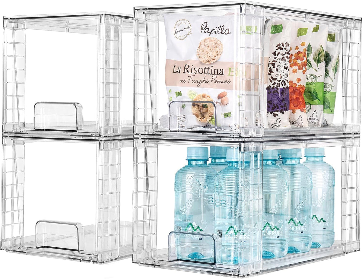 4Pack Large Stackable Kitchen Storage Drawers, Clear Foods Organizer Bins with Handles, Easily Assemble for Bathroom, Kitchen, Pantry, Cabinet, Closet(XL-UP Handle)