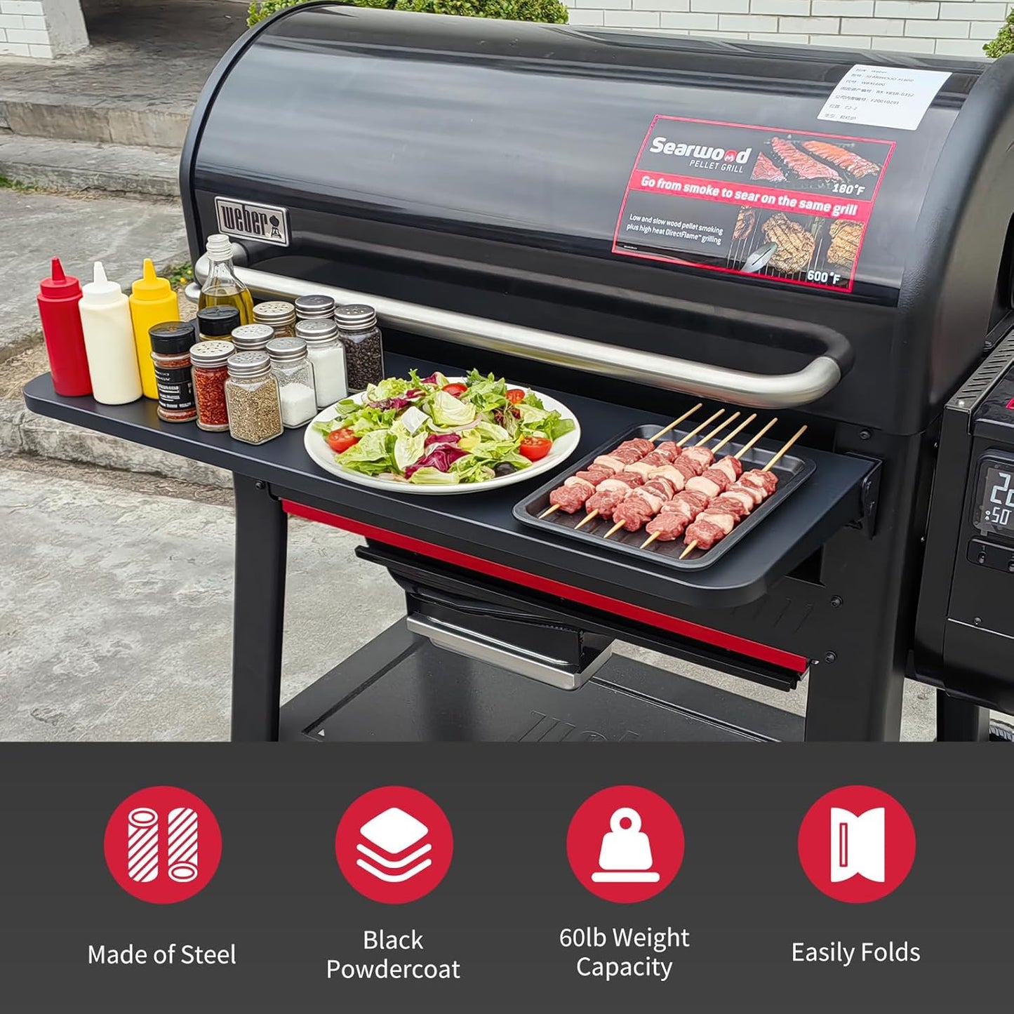 Upgraded Grill Table for Weber Kettle 22"/18"/26", Master Touch 22", Smokey Mountain, Recteq Pellet Grill RT-B380, Prep Station with Cutting Board, Basin, 4 Hooks, Shelf for Weber Kettle Accessories