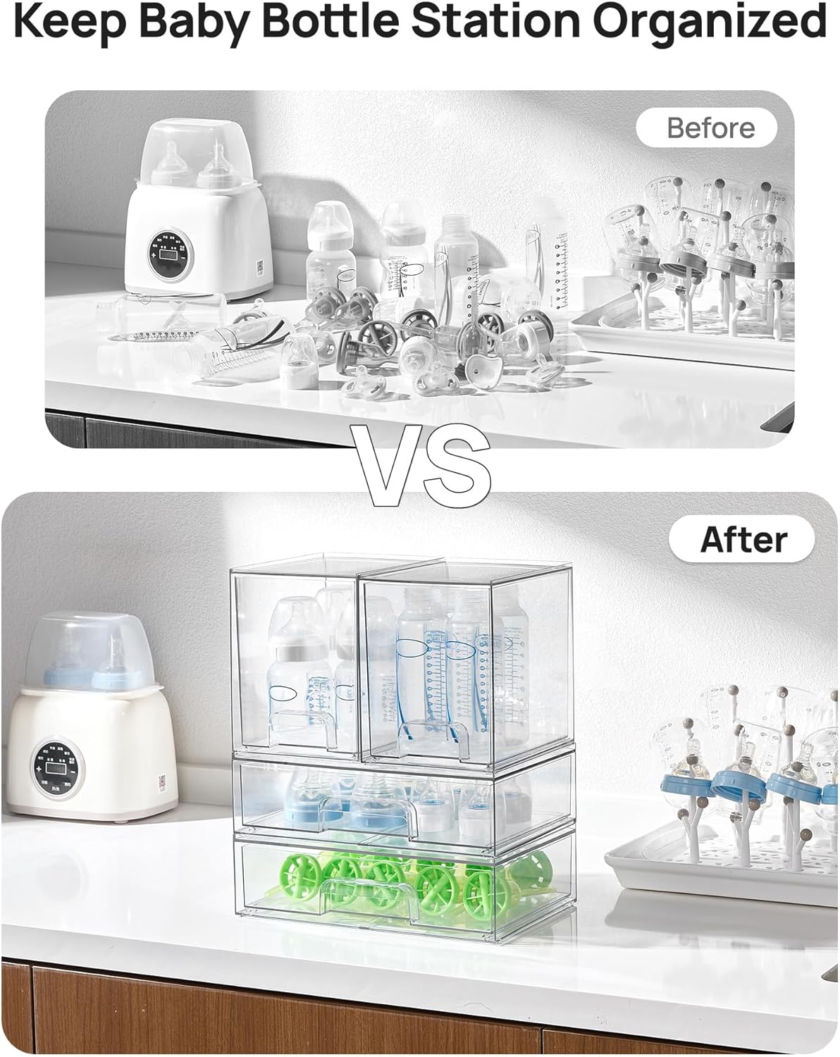 Vtopmart Stackable Storage Drawers Set of 5, Clear Plastic Organizer Bins for Baby Bottle, Beauty Supplies Storage, Ideal for Kichen Countertop, Vanity, Bathroom, Cabinet, Pantry Organization