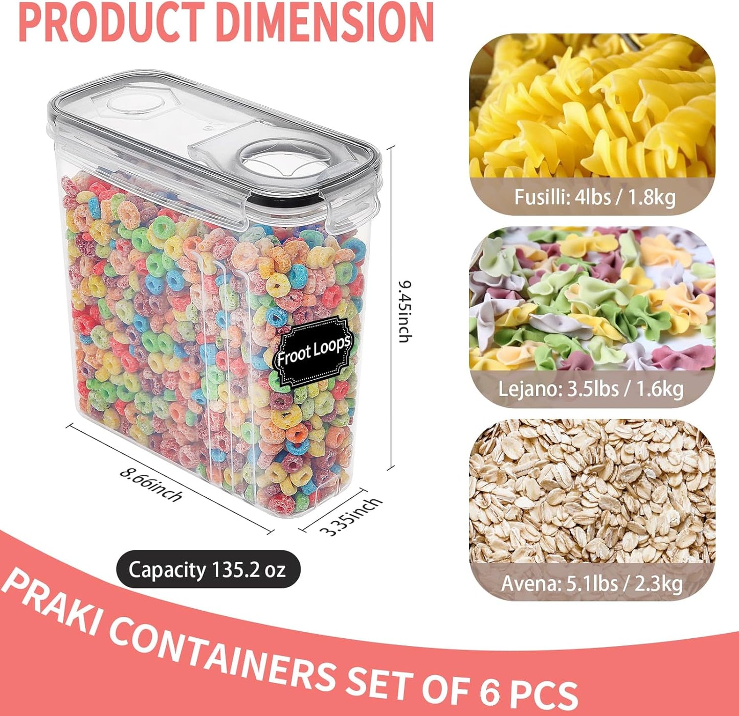 PRAKI Cereal Containers Storage Set (4L,135.2 Oz), 8PCS Airtight Food Storage Containers with Lids for Kitchen & Pantry Organizers and Storage, Cereal Dispensers with 20 labels, Measuring Cup & Marker