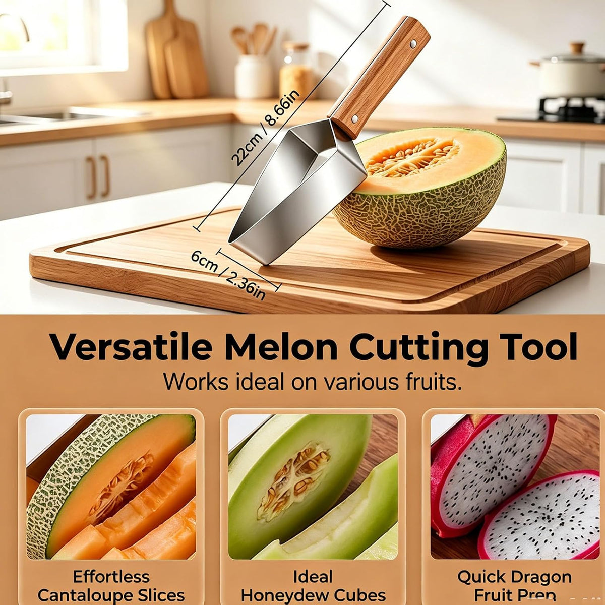 2PCS Stainless Steel Watermelon Cutter, Triangle Fruit Slicer with Wooden Handle, Melon Divider Tool for Watermelon, Cantaloupe and Honeydew