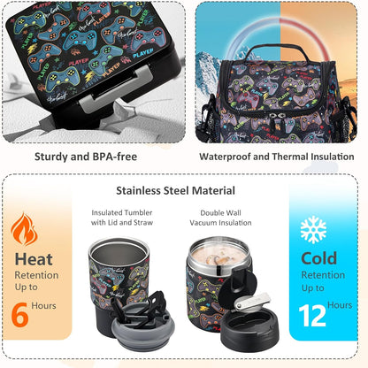 Pawtong Lunch Box Set with Bento Box Container, 17OZ Stainless Steel Food Soup Thermo, Kids Water Bottle & Portable Insulated Lunch Bag, Leakproof, Hot/Cold Retention for School, Travel (Purple-Horse)