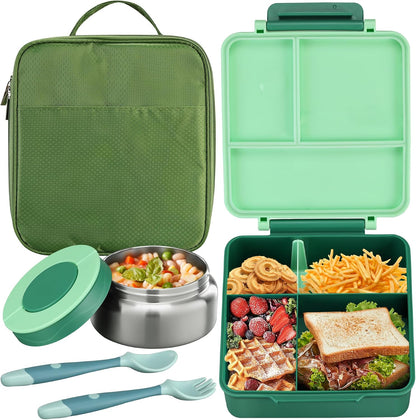 Itslife Bento Lunch Box for Kids with 8oz Soup Thermo&Lunch Bag, Leak-Proof Lunch Food Containers with 4 Compartment, Hot Food Insulated Food Jar for Kids School (Green)