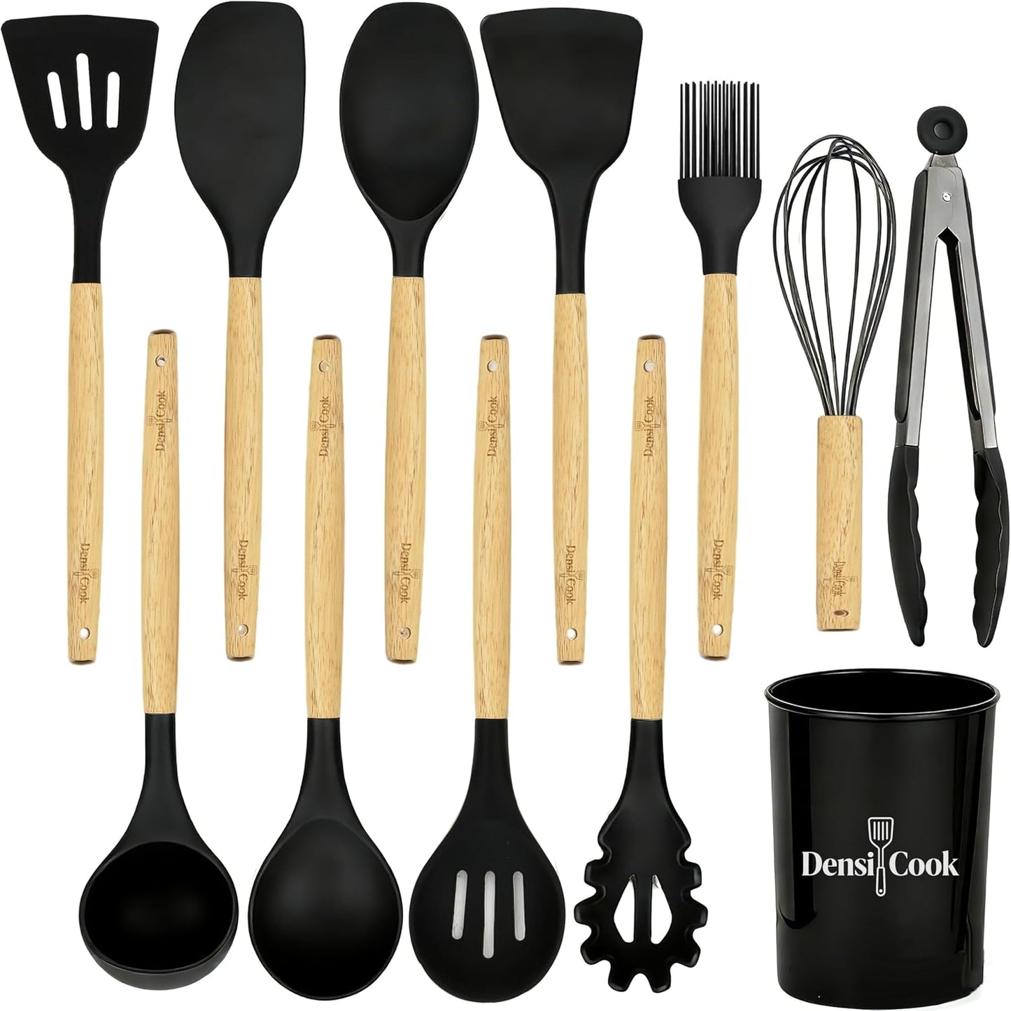 Silicone Cooking Utensils Set - 446°F Heat Resistant Silicone Kitchen Utensils Set, Spatula,Turner Tongs, Spoon, Whisk,Kitchen Gadgets for Nonstick Cookware, BPA Free（Black）