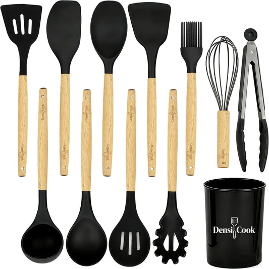 Silicone Cooking Utensils Set - 446°F Heat Resistant Silicone Kitchen Utensils Set, Spatula,Turner Tongs, Spoon, Whisk,Kitchen Gadgets for Nonstick Cookware, BPA Free（Black）