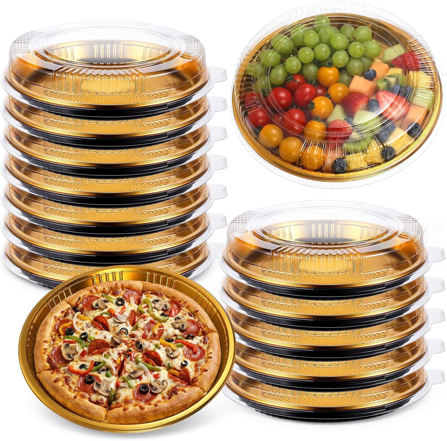 12 Pack Disposable Pie Carrier with Clear Lid, 11'' Round Cake Pies Carriers Plastic Cake Containers Serving Tray Pie Platters Pizza Container for Pies Salad Meal Prep