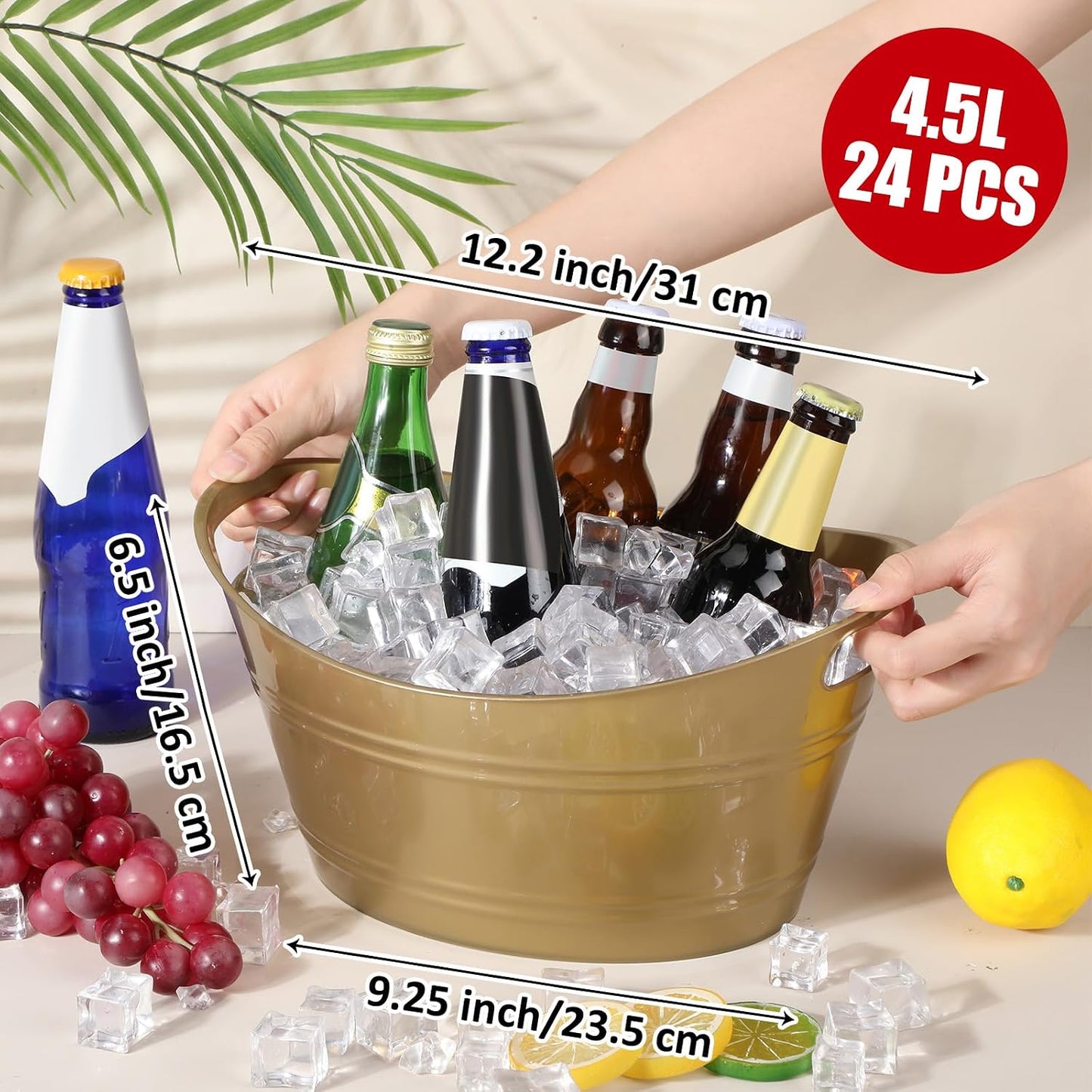 Norme 24 Pcs Oval Storage Tub with Handles, 4.5l Plastic Ice Buckets Bulk for Wine Beer Champagne Drink Cooler Beverage Storage Tub for Parties BBQ Weddings Party Outdoor Celebration(Blue & Red)