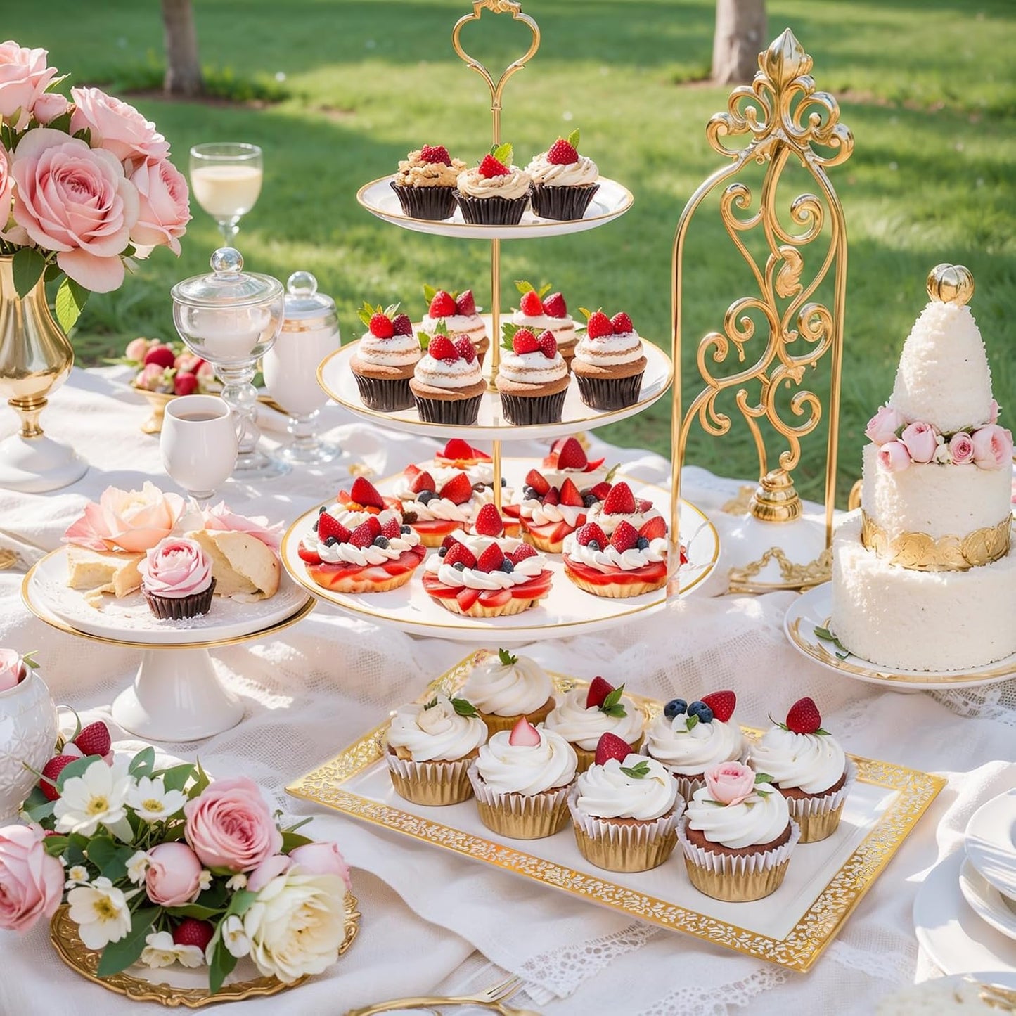 Supernal 10 Pack Dessert Table Display Set -4 Sets 3 Tier Cupcake Stand,6 Pcs Food Serving Trays,Elegant Tableware for Cupcakes and Snacks,Perfect for Tea Party Baby Shower Decorations(White and Gold)