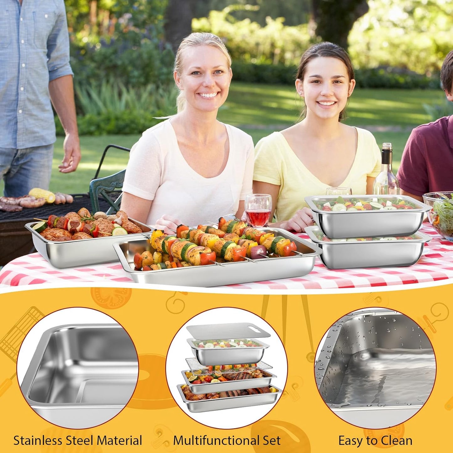6 Pcs Grilling Prep and Serve Tray Set BBQ Stainless Steel Grill Carry System Includes Wire Rack 2 Grill Serving Trays 2 Marinating Container with Lid Cutting Board for BBQ Outdoor Grilling
