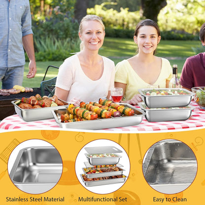 6 Pcs Grilling Prep and Serve Tray Set BBQ Stainless Steel Grill Carry System Includes Wire Rack 2 Grill Serving Trays 2 Marinating Container with Lid Cutting Board for BBQ Outdoor Grilling