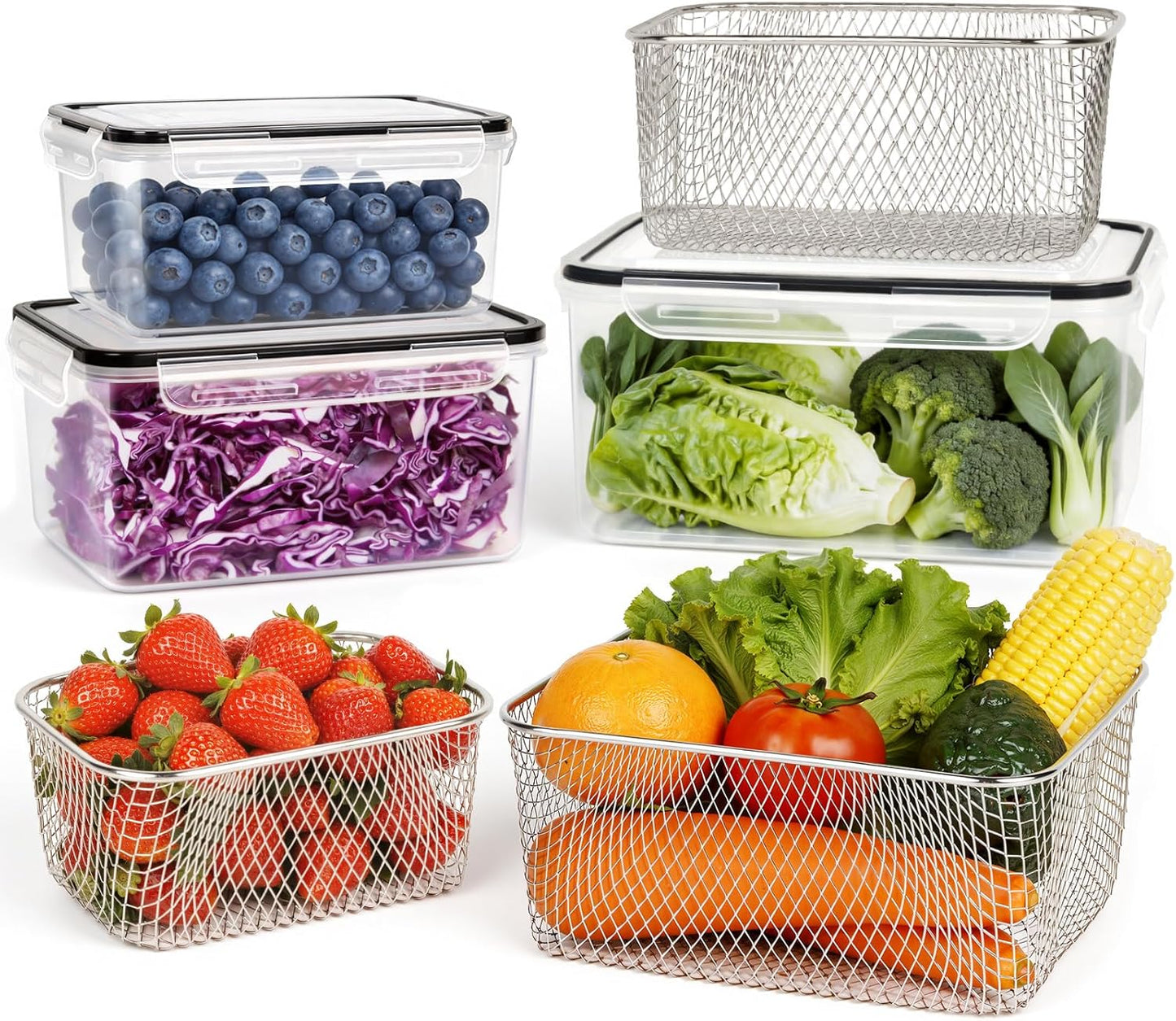 5 PCS Large Fruit Containers for Fridge - Leakproof Food Storage Containers with Removable Colander - Dishwasher & microwave safe Produce Containers Keep Fruits, Vegetables, Berry, Meat Fresh longer