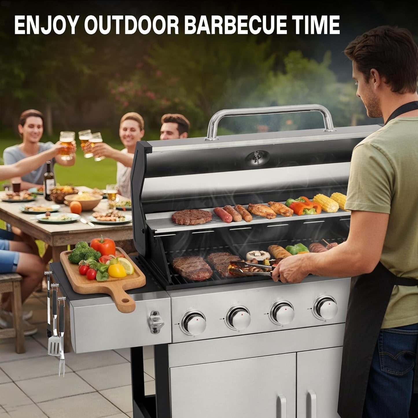 Gas Grill with Side Burner, 3-Burner Propane Grill with Porcelain-Enameled Cast Iron Grates and Double-Wall Insulated Lid, 39,000 BTU BBQ Grill with Wheels for Outdoor Cooking