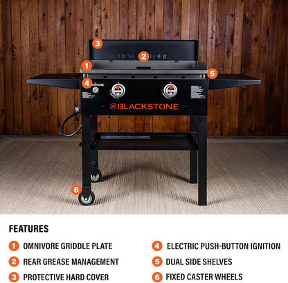 Blackstone Omnivore Outdoor Flat Top Gas Griddle w/Hard Cover, 28” - for Breakfast, BBQ & Grilling w/Steel Cooking Surface, Folding Side Shelves, Rear Grease System & Push-Button Ignition