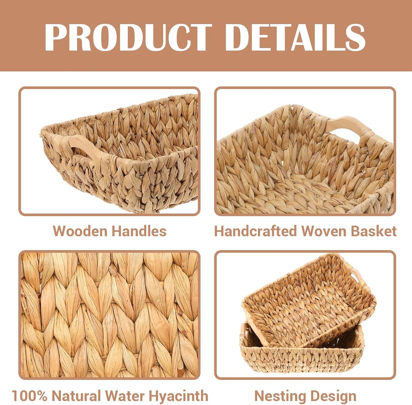 Storage Basket Set of 2 14.4x10.6x4.4 Inch Water Hyacinth Storage Baskets with Wooden Handles Woven Bins for Shelves Natural Handmade Rectangular Organizers for Pantry Bathroom Living Room