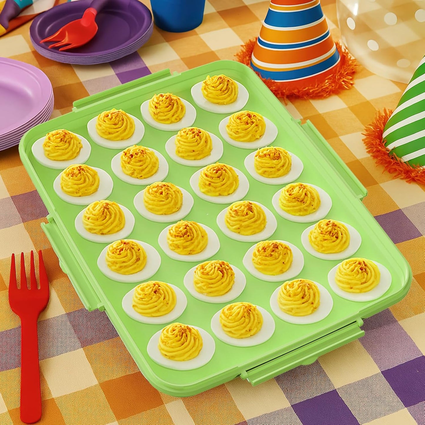 Deviled Egg Containers with Lid - Reusable Platter 2 Pack 48 Count Storage Tray with Handle for Potlucks, Tea Parties, Party, Thanksgiving, Picnics, Refrigerator, Christmas, Easter, Brunches (Blue)